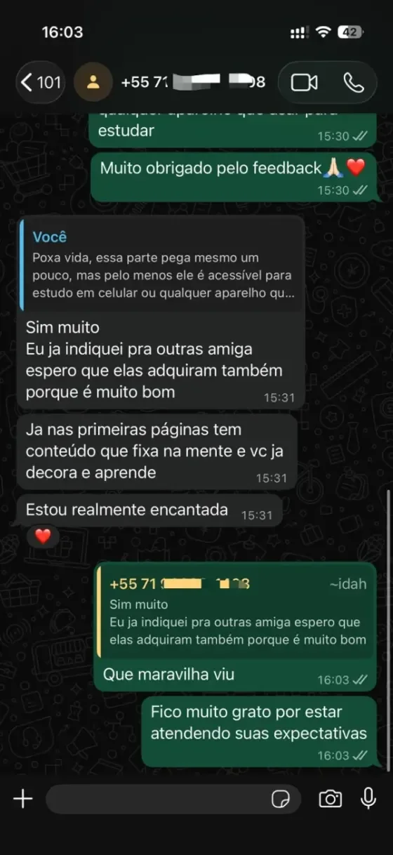 Depoimento de aluna encantada com o conteúdo